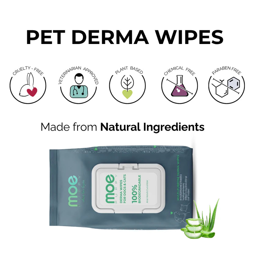 Moe Puppy Multipurpose Derma Wipes Cruelty Free and Plant Based Formula for Dogs & Cats 15x20cm 50pc