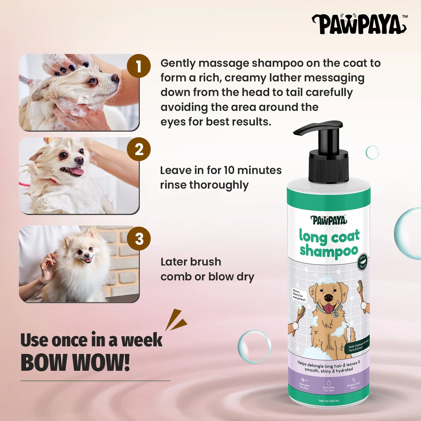 Pawpaya Long Coat Shampoo For Dogs 250ml