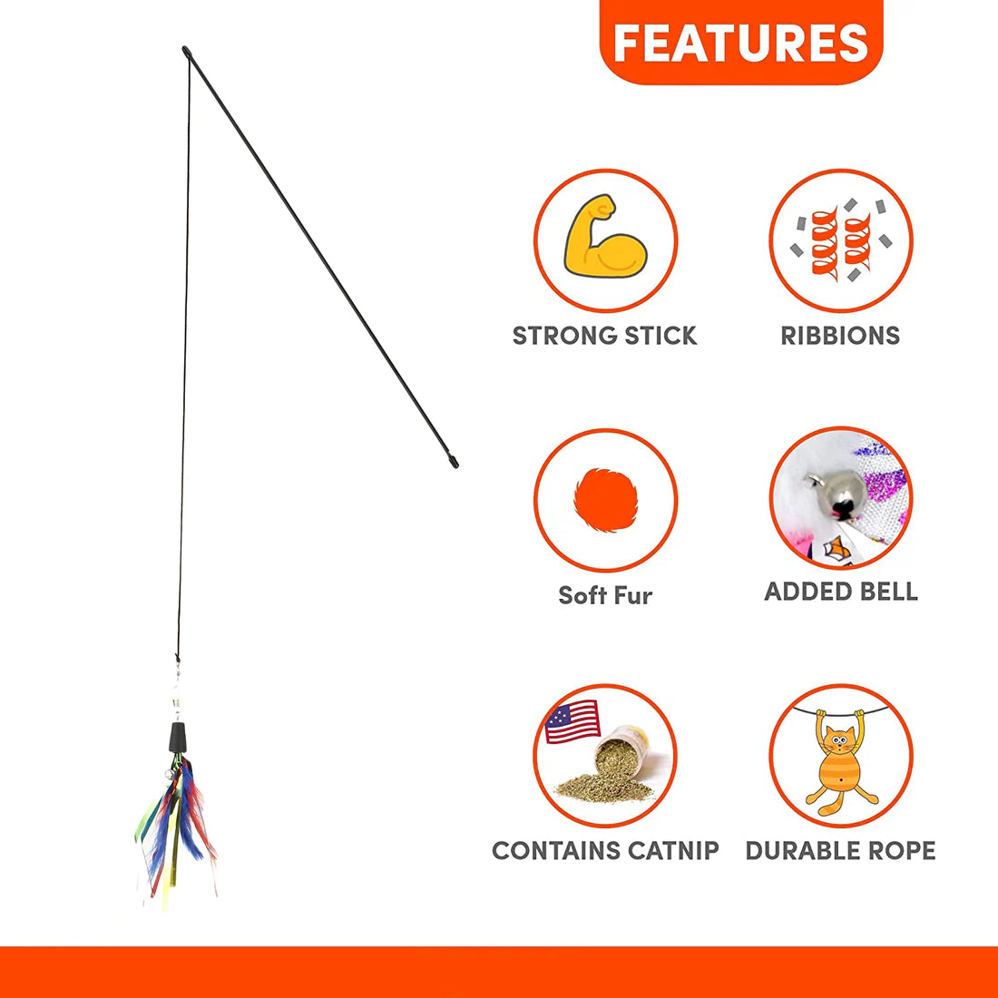 Basil Cat Teaser Stick with Feather and Bell Toy for Cats