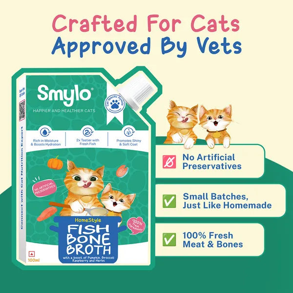 Smylo Hydration Rich Fish with Pumpkin, Broccoli and Raspberry Bone Broth for Cats 100ml