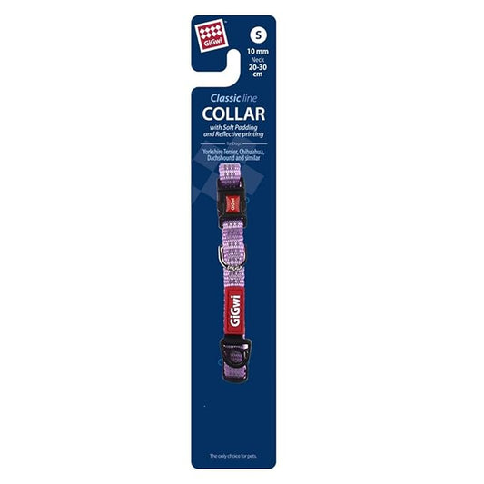 Gigwi Classic Line Collar With Reflective Stitching Sturdy Buckle with Metal D-Ring For Dogs Neck Size 20-30cm Purple (Small)