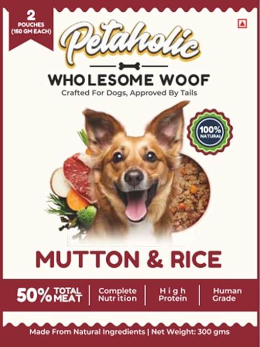 Petaholic Wholesome Woof Mutton & Rice 100% Natural and High Protein Dog Food 300g 2 Pouch 150g Each