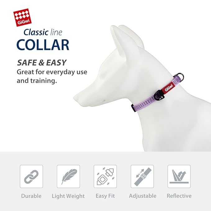Gigwi Classic Line Collar With Reflective Stitching Sturdy Buckle with Metal D-Ring For Dogs Neck Size 20-30cm Purple (Small)