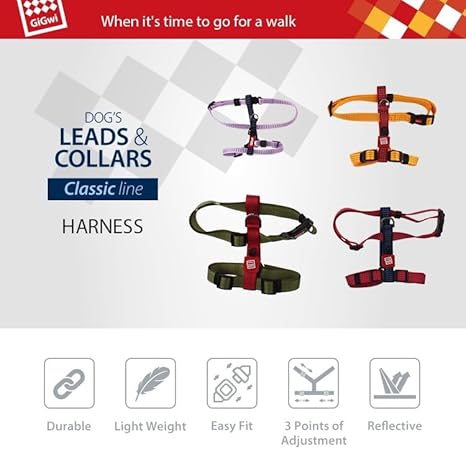 Gigwi Classic Line Secure H-Harness Reflective Material Breathable & Lightweight Harness For Dogs 15mmx30-50cm Yellow (Medium)