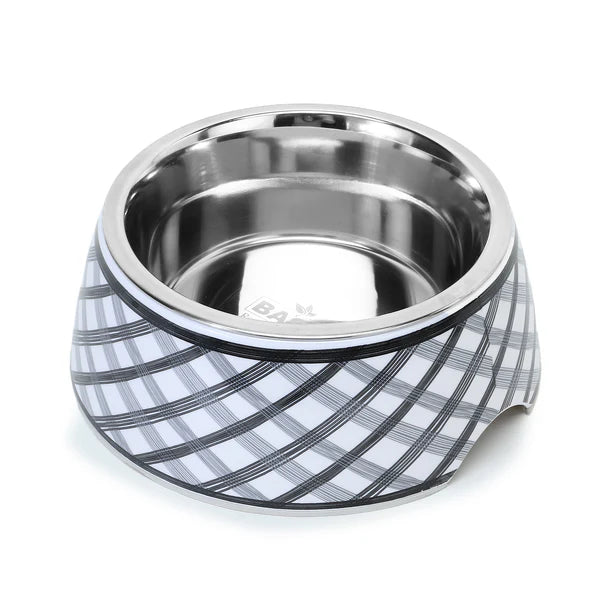 Basil Check Print Pet Feeding Bowl, Stainless Steel & Melamine