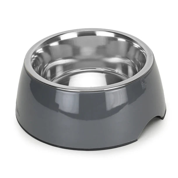 Basil Solid Grey Pet Feeding Bowl Set Melamine and Stainless Steel Large 1600ml