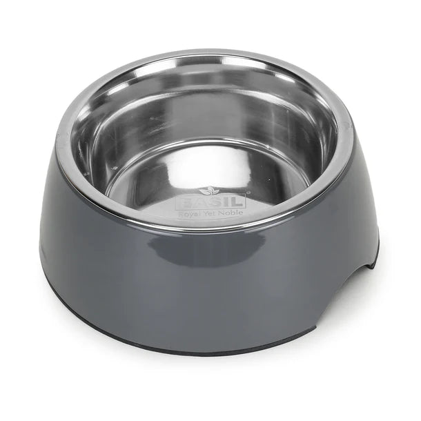 Basil Solid Grey Pet Feeding Bowl Set Melamine and Stainless Steel Large 1600ml