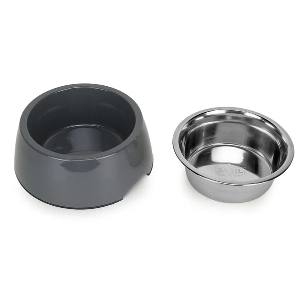 Basil Solid Grey Pet Feeding Bowl Set Melamine and Stainless Steel Large 1600ml