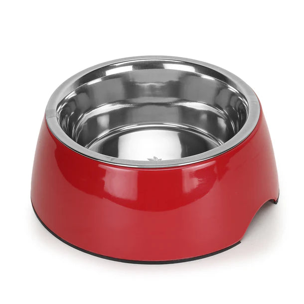 Basil Solid Red Pet Feeding Bowl Set Melamine and Stainless Steel Medium 800ml