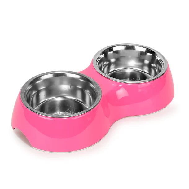 Basil Melamine Double Dinner Set Pet Feeding Bowls for food and water Pink Large 1600ml