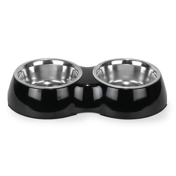 Basil Melamine Double Dinner Set Pet Feeding Bowls for food and water Black Large 1600ml