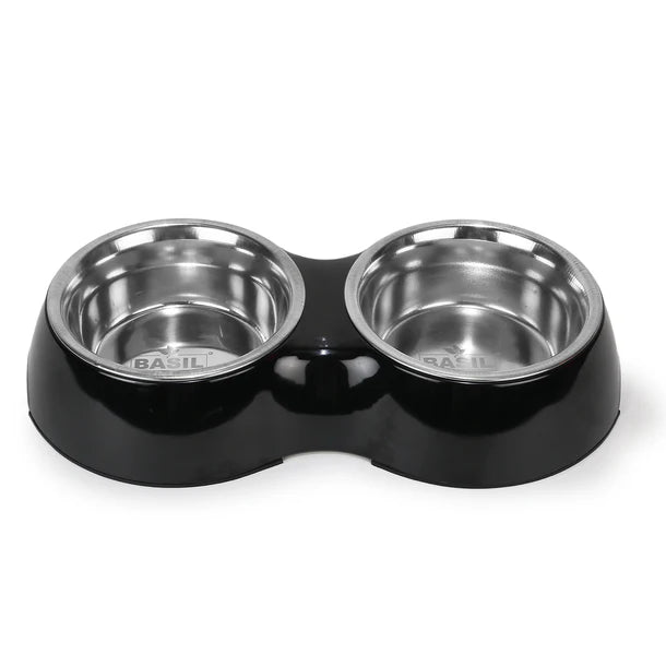 Basil Melamine Double Dinner Set Pet Feeding Bowls for food and water Black Large 1600ml