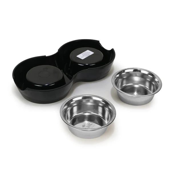 Basil Melamine Double Dinner Set Pet Feeding Bowls for food and water Black Large 1600ml