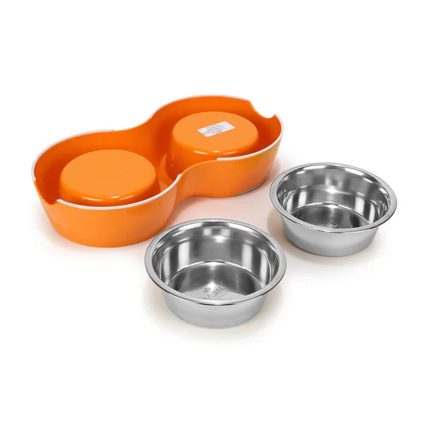 Basil Melamine Double Dinner Set Pet Feeding Bowls for food and water Orange Medium 800ml