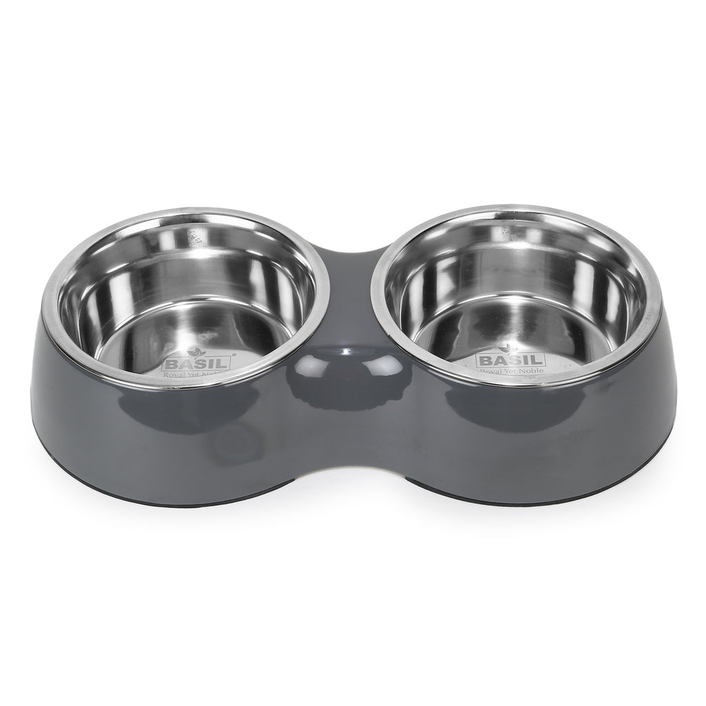 Basil Melamine Double Dinner Set Pet Feeding Bowls for food and water Grey Small 400ml