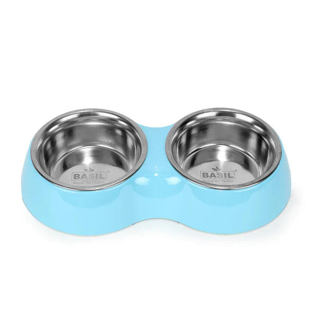 Basil Melamine Double Dinner Set Pet Feeding Bowls for food and water Blue Medium 800ml