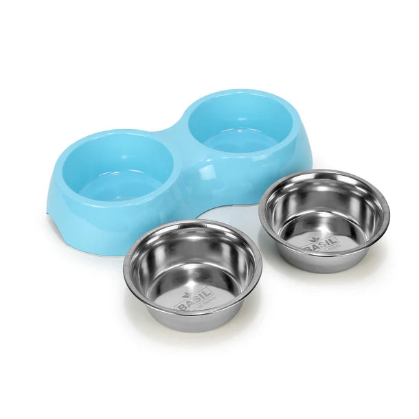 Basil Melamine Double Dinner Set Pet Feeding Bowls for food and water Blue Medium 800ml