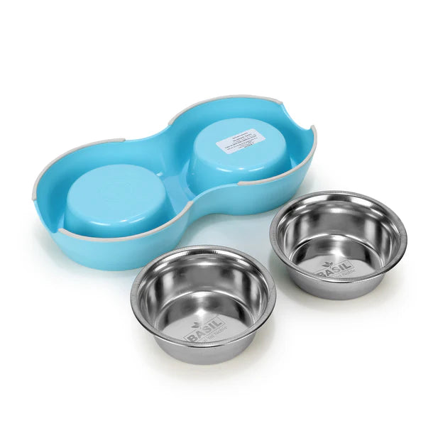 Basil Melamine Double Dinner Set Pet Feeding Bowls for food and water Blue Medium 800ml