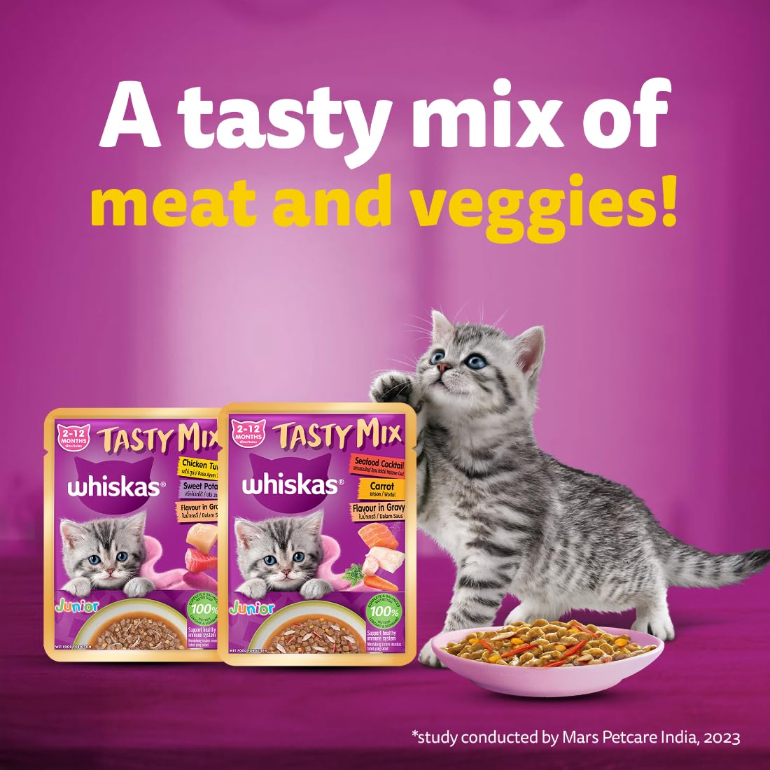 Whiskas Tasty Mix Seafood Cocktail With Carrot In Gravy Wet Food For Junior (2-12 Months) Kitten 70gm