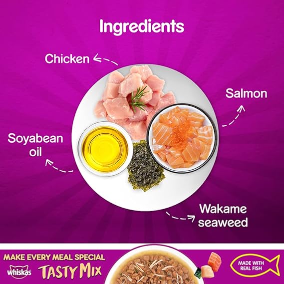 Whiskas Adult (1+ Year) Tasty Mix Wet Cat Food Made with Real Fish Chicken with Salmon Wakame Seaweed in Gravy Flavor (Pack of 14)