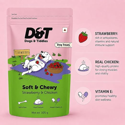 Dogs & Tiddles Soft and Chewy Chicken & Strawberry Dog Treats 100g