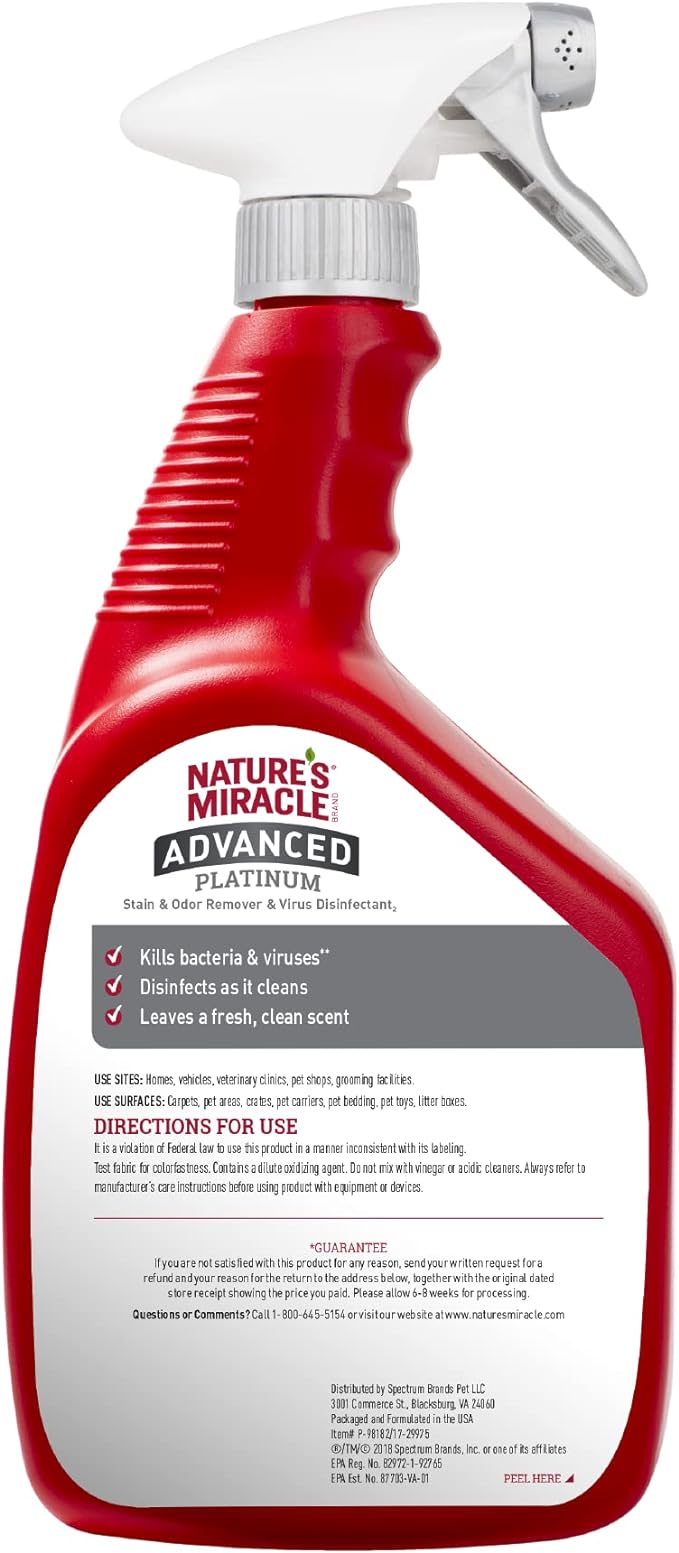 Nature's Miracle Advanced Platinum Stain & Odor Remover & Virus Disinfectant For Cats 946ml
