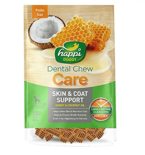 Happi Doggy Dental Chew Care (Skin and Coat Support) Honey & Coconut Oil  Vegetarian & Sustainable Treat For Dogs 150g