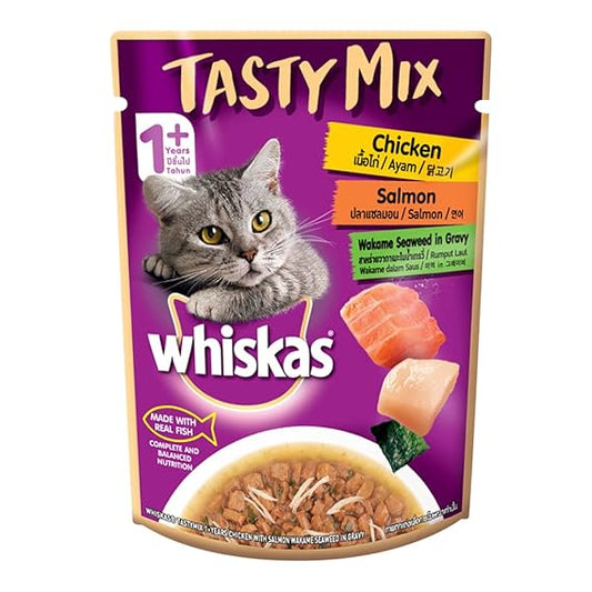 Whiskas Adult (1+ Year) Tasty Mix Wet Cat Food Made with Real Fish Chicken with Salmon Wakame Seaweed in Gravy Flavor (Pack of 14)