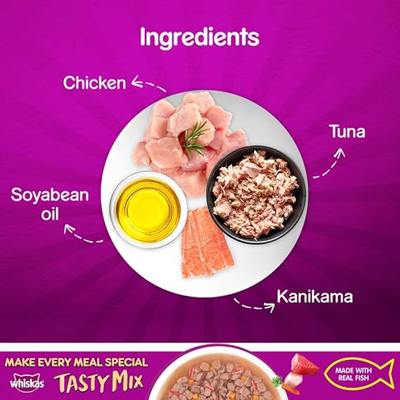 Whiskas Adult (1+ Year) Tasty Mix Wet Cat Food Made with Real Fish Tuna With Kanikama And Carrot in Gravy 70gm
