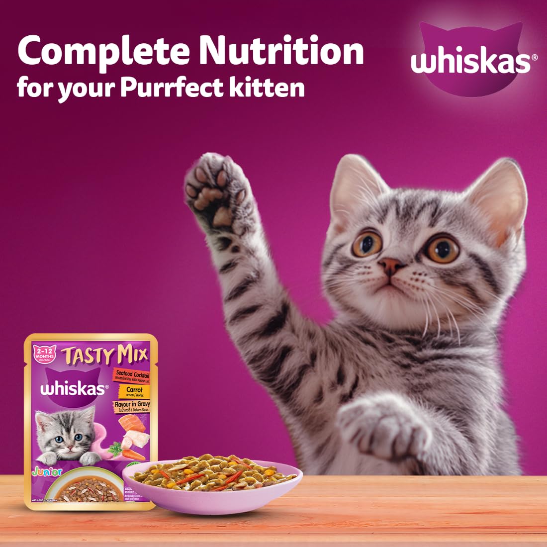 Whiskas Tasty Mix Seafood Cocktail With Carrot In Gravy Wet Food For Junior (2-12 Months) Kitten 70gm