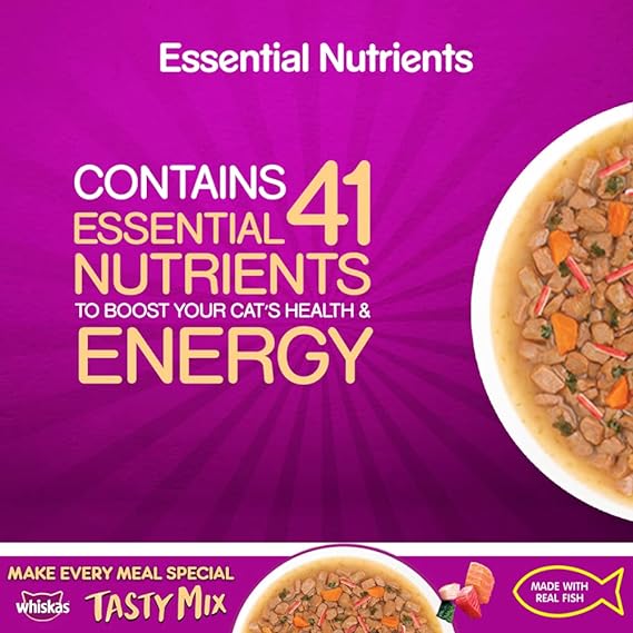 Whiskas Adult (1+ Year) Tasty Mix Wet Cat Food Made with Real Fish Seafood Cocktail Wakame Seaweed in Gravy 70gm