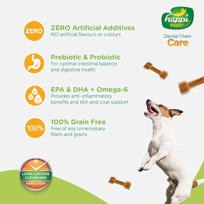 Happi Doggy Dental Chew Care (Skin and Coat Support) Honey & Coconut Oil Vegetarian & Sustainable Treat For Dogs Single Pack