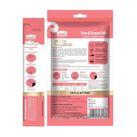 Signature Grain Zero Woow Creamy Tuna & Ocean Fish Cat & Kitten Lickable Treats 75 Gm (4 Sachet + 1 Free)