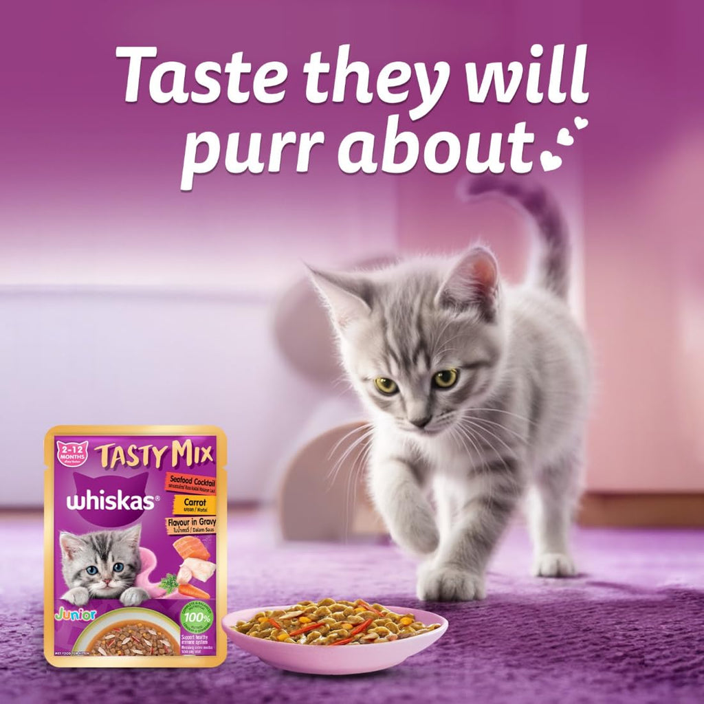 Whiskas Tasty Mix Seafood Cocktail With Carrot In Gravy Wet Food For Junior (2-12 Months) Kitten 70gm