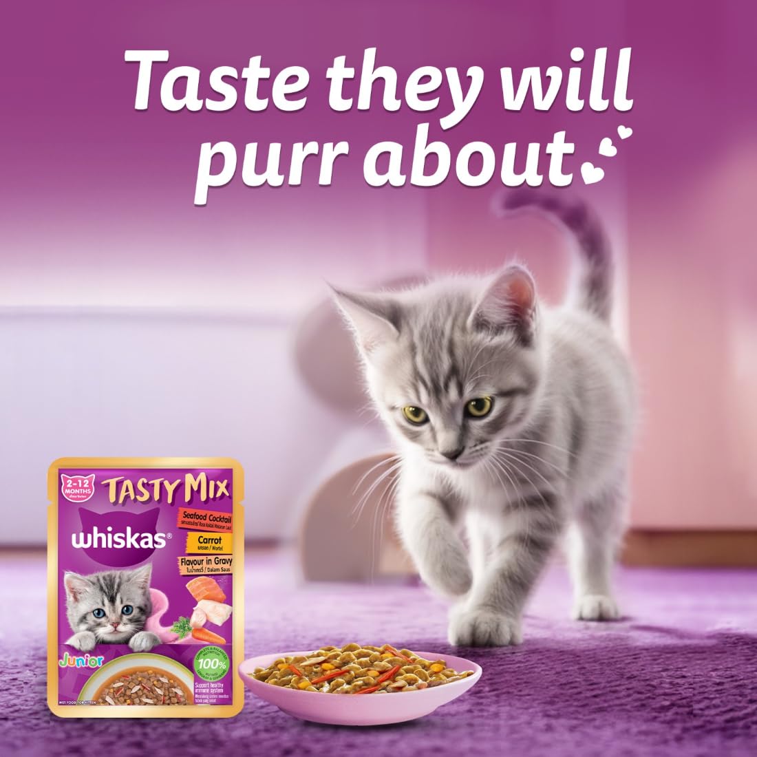 Whiskas Tasty Mix Seafood Cocktail With Carrot In Gravy Wet Food For Junior (2-12 Months) Kitten 70gm