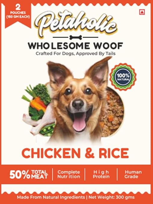 Petaholic Wholesome Woof Chicken & Rice 100% Natural and High Protein Dog Food 300g 2 Pouch 150g Each