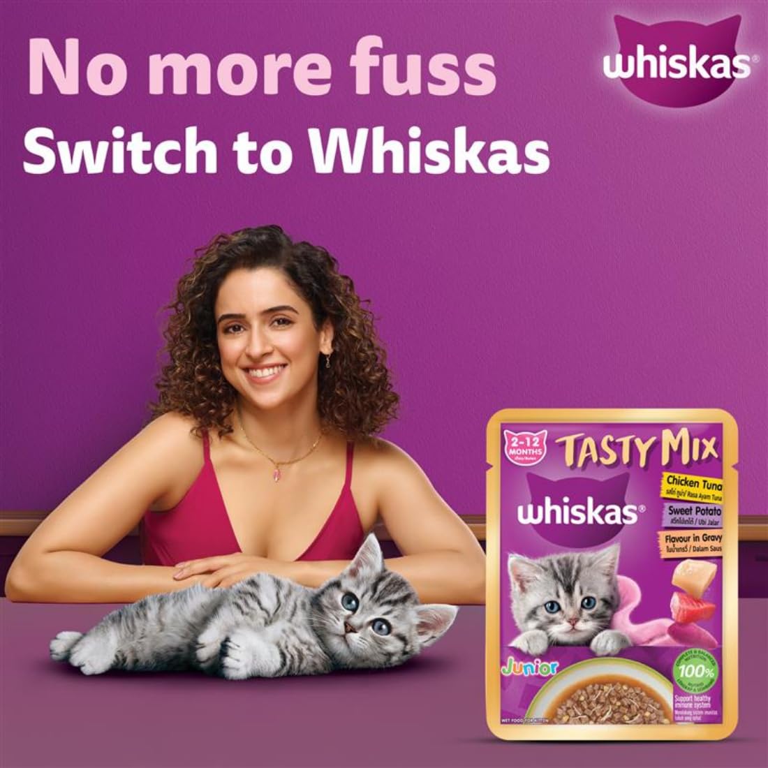 Whiskas Tasty Mix Chicken Tuna With Sweet Potato flvor In Gravy Wet Food For Junior (2-12 Months) Kitten 70 gm
