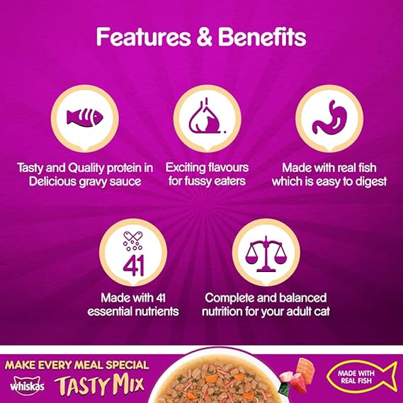 Whiskas Adult (1+ Year) Tasty Mix Wet Cat Food Made with Real Fish Seafood Cocktail Wakame Seaweed in Gravy 70gm