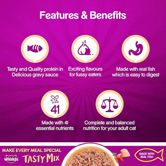 Whiskas Adult (1+ Year) Tasty Mix Wet Cat Food Made with Real Fish Chicken with Tuna and Carrot in Gravy 70gm