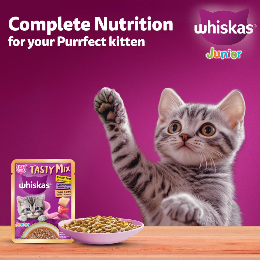 Whiskas Tasty Mix Chicken Tuna With Sweet Potato flvor In Gravy Wet Food For Junior (2-12 Months) Kitten 70 gm