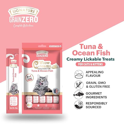Signature Grain Zero Woow Creamy Tuna & Ocean Fish Cat & Kitten Lickable Treats 75 Gm (4 Sachet + 1 Free)