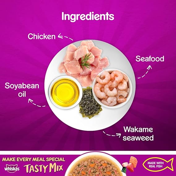 Whiskas Adult (1+ Year) Tasty Mix Wet Cat Food Made with Real Fish Seafood Cocktail Wakame Seaweed in Gravy 70gm