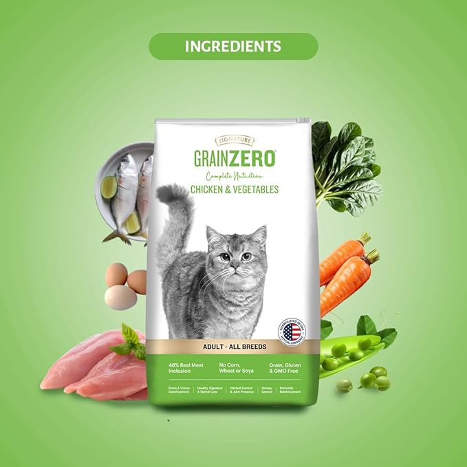 Signature Grain Zero Chicken & Vegetables Adult All Breed Adult Cat Dry Food 1.2kg + Free Creamy Treat
