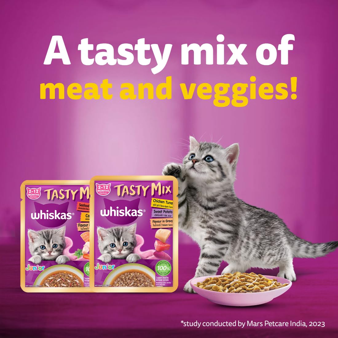 Whiskas Tasty Mix Chicken Tuna With Sweet Potato flvor In Gravy Wet Food For Junior (2-12 Months) Kitten 70 gm