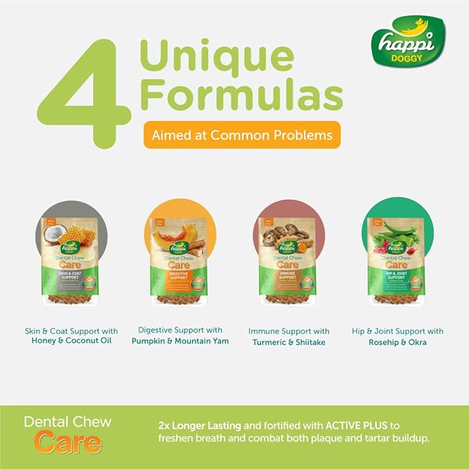 Happi Doggy Dental Chew Care (Skin and Coat Support) Honey & Coconut Oil Vegetarian & Sustainable Treat For Dogs Single Pack