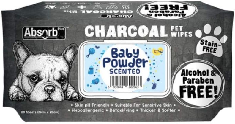 Absolute Holistic Baby Powder Scented Charcoal Pet Wipes For Dog 80 Sheets 15cmx20cm