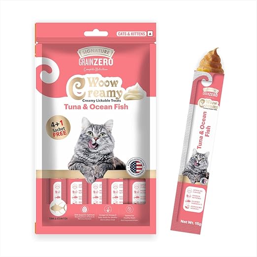 Signature Grain Zero Woow Creamy Tuna & Ocean Fish Cat & Kitten Lickable Treats 75 Gm (4 Sachet + 1 Free)