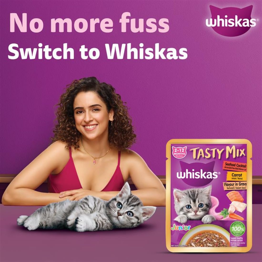 Whiskas Tasty Mix Seafood Cocktail With Carrot In Gravy Wet Food For Junior (2-12 Months) Kitten 70gm