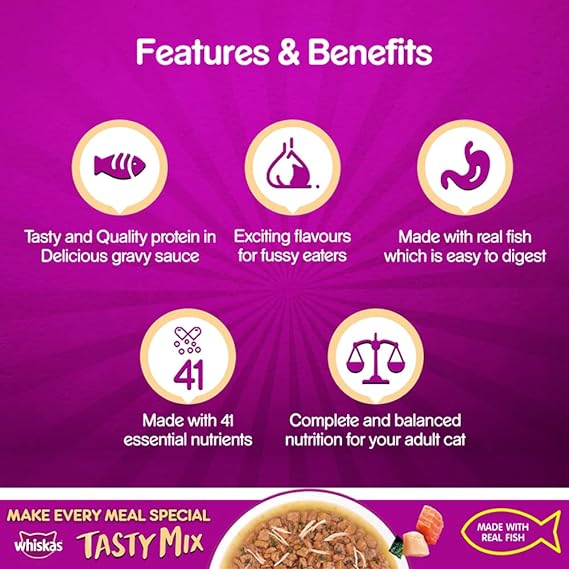 Whiskas Adult (1+ Year) Tasty Mix Wet Cat Food Made with Real Fish Chicken with Salmon Wakame Seaweed in Gravy Flavor 70gm