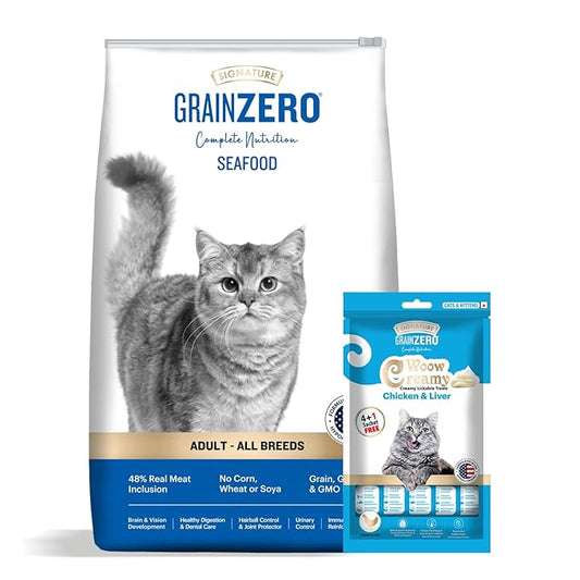 Signature Grain Zero Seafood Adult All Breed Adult Cat Dry Food 1.2kg + Free Creamy Treat